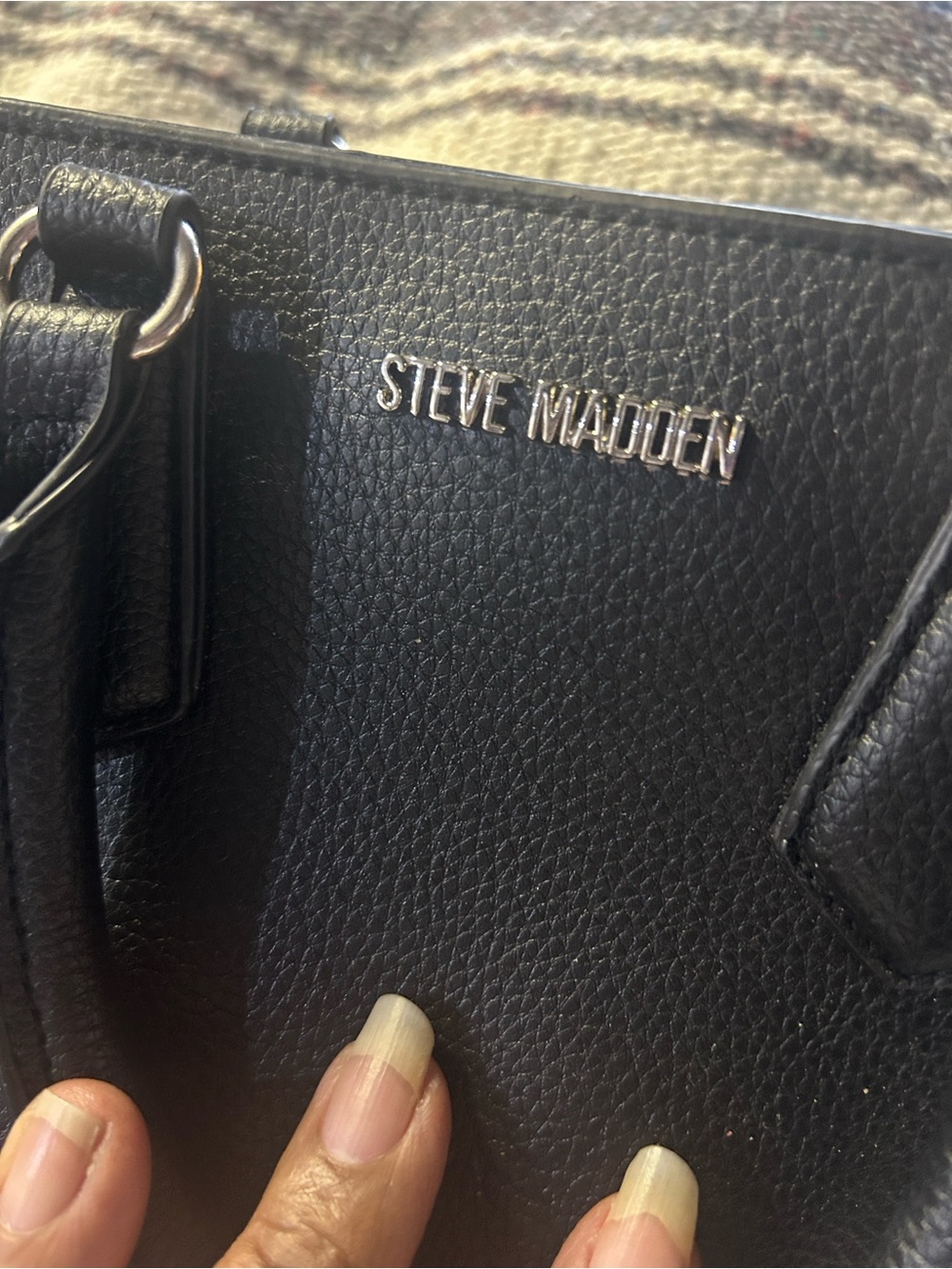 Steve Madden Black Pebbled Leather Brief Tote with Silver Hardware